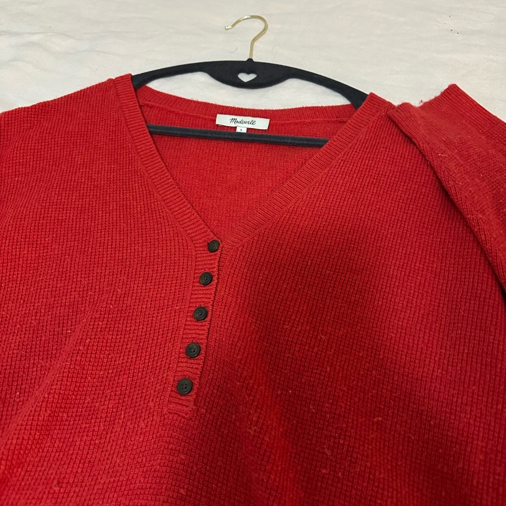 Madewell Red V-Neck Henley ‘Long John’ Waffle Knit Sweater Size L